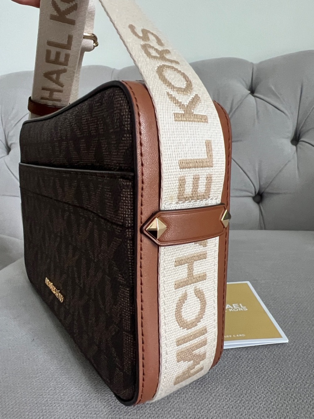 Michael Kors Brown Logo Canvas Crossbody Bag with Branded Cream Strap - Picture 12 of 17